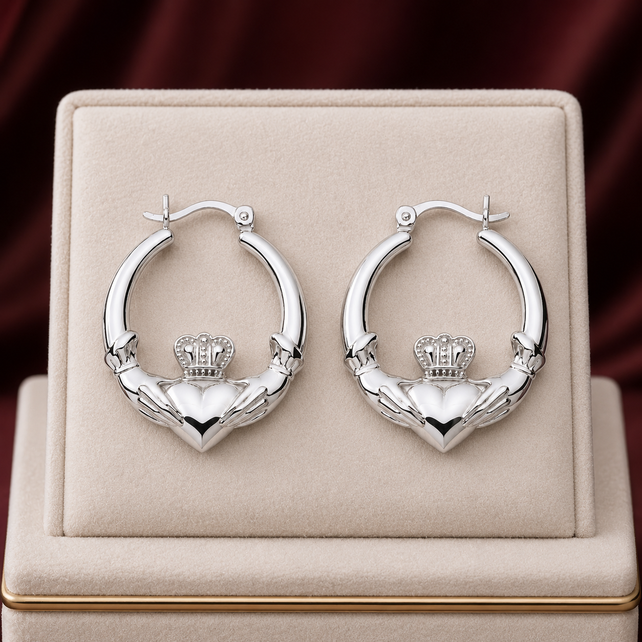 Claddagh Creole Hoop Earrings Sterling Silver 30mm 925 Hallmark
