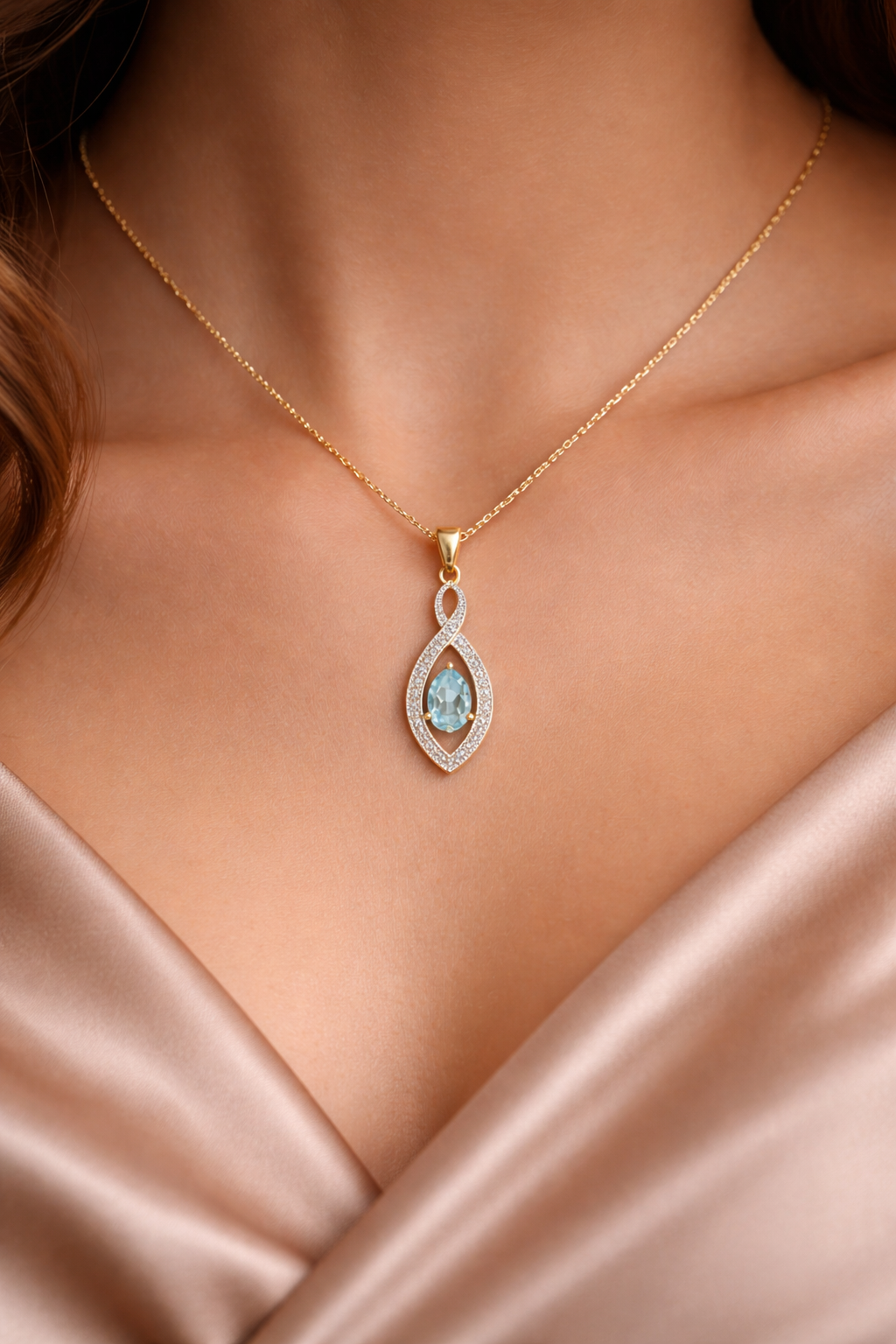 Blue Topaz Pear Pendant With Diamond Solid Yellow Gold 18" 46cm Length Chain