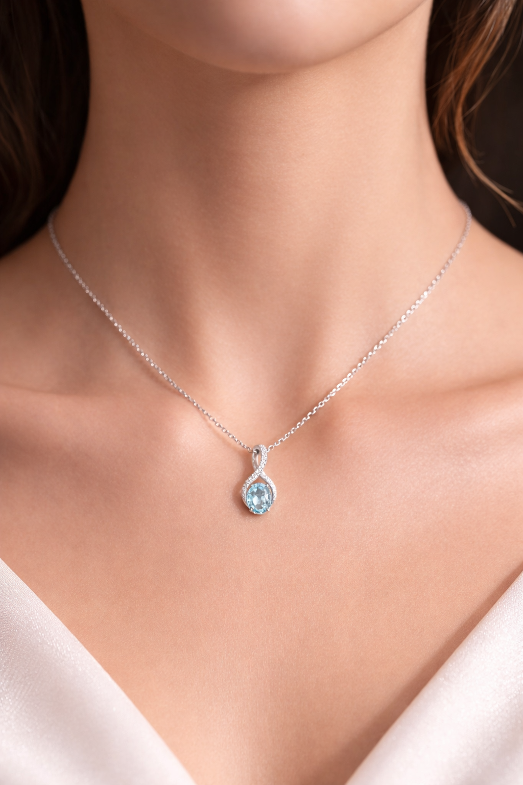 Blue Topaz Infinity Pendant With Diamonds 9ct White Gold 18" 46cm Length Chain