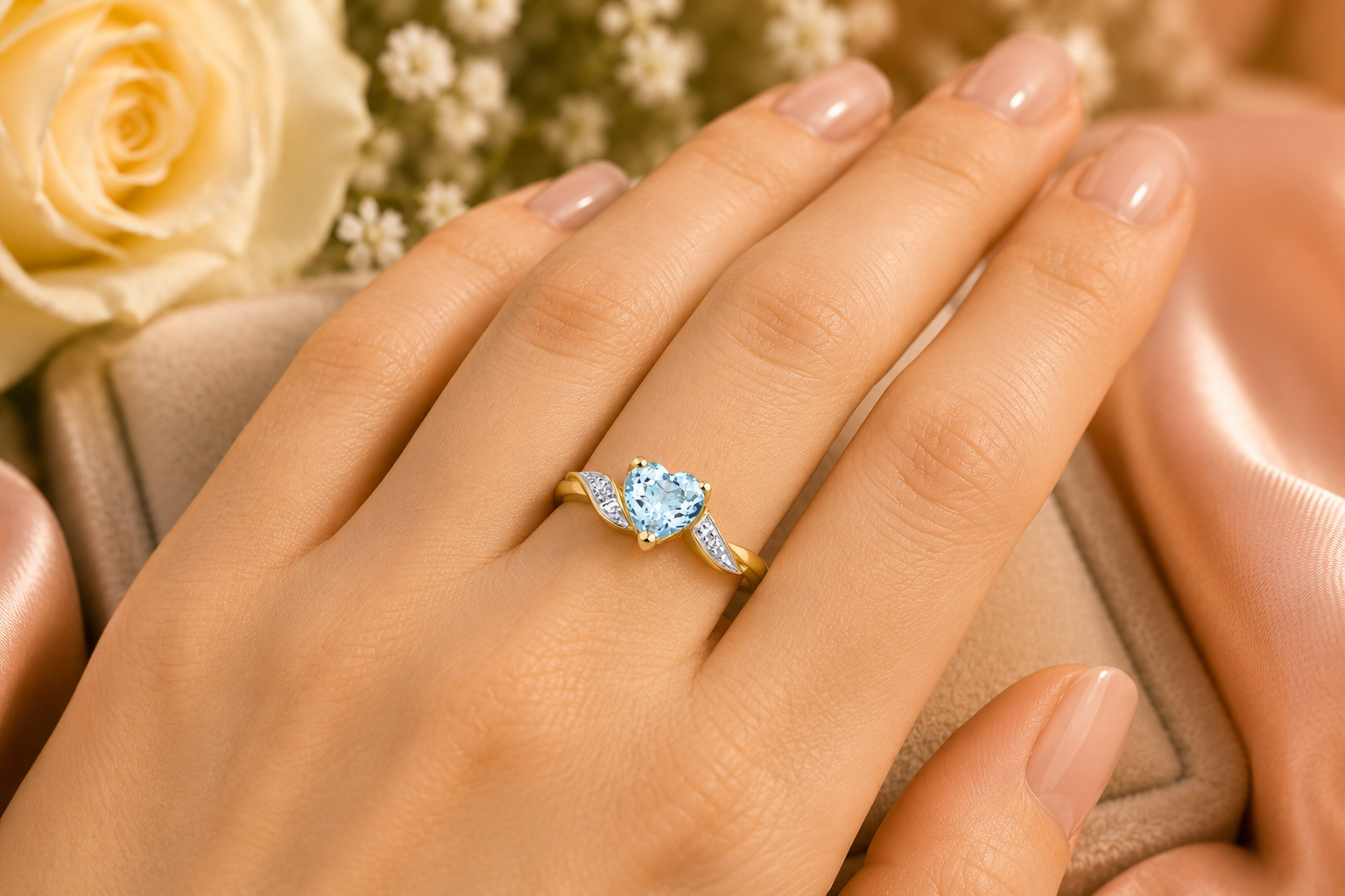 9ct Yellow Gold Heart Blue Topaz & Diamond Twist Promise Ring 375 UK Hallmark