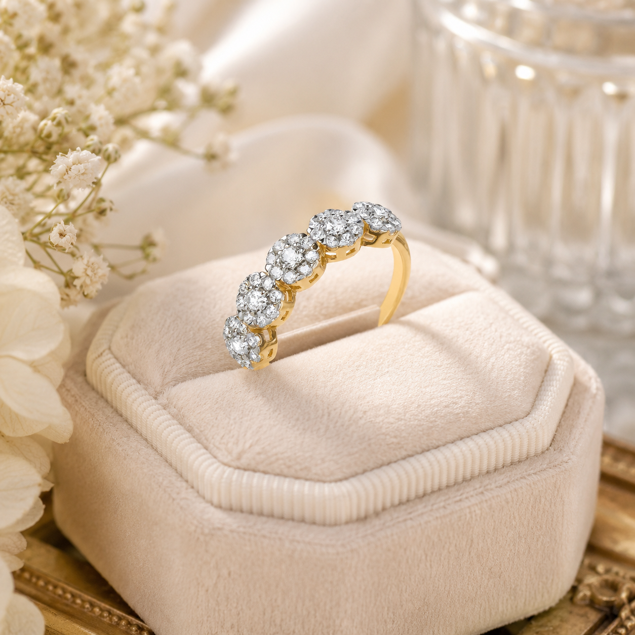 Elegant 18ct Gold Floral Cluster Ring on Solid Silver Sparkling Multi-Stone Band