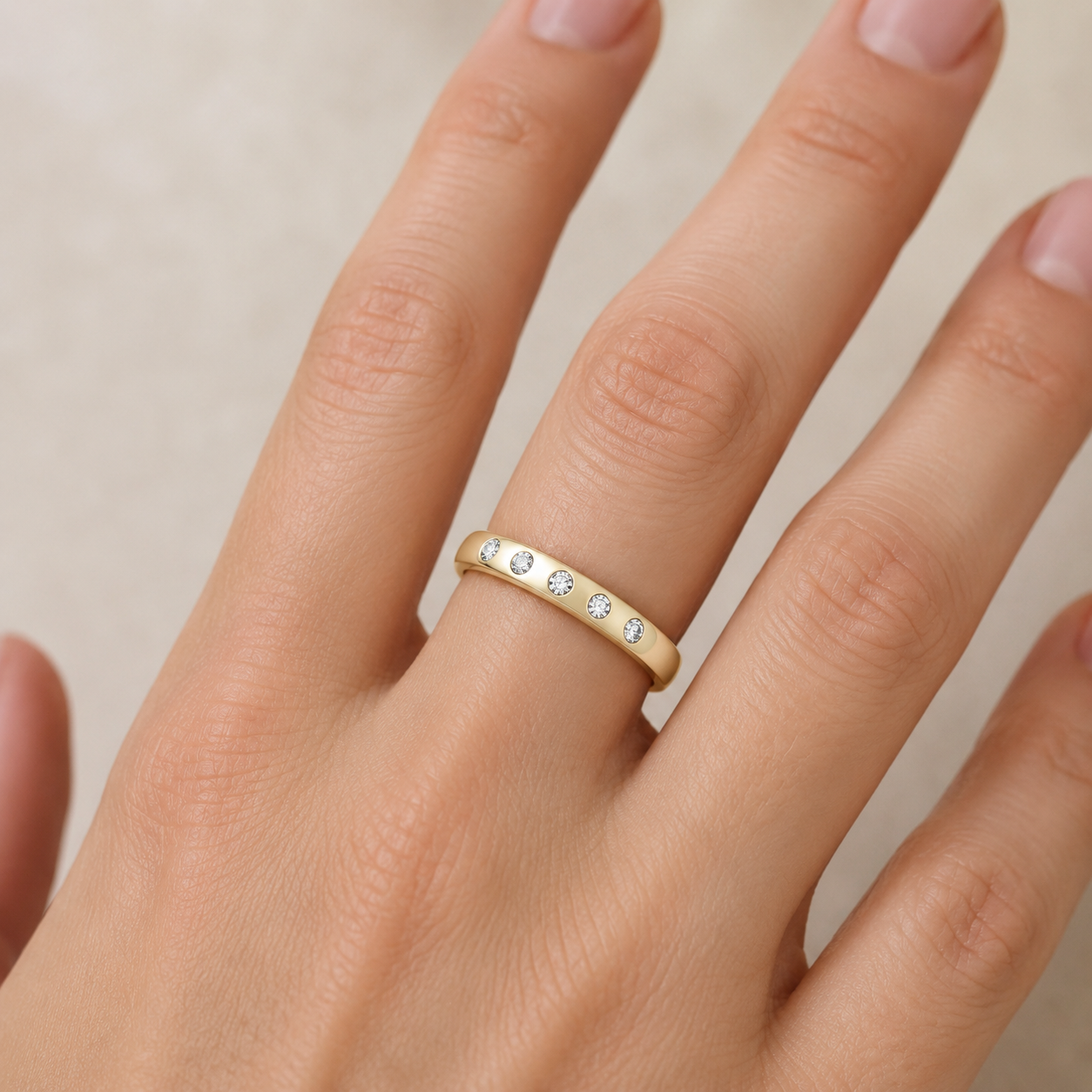 Five Stone Flush Eternity Band Ring in 18ct Gold on Solid Sterling Silver
