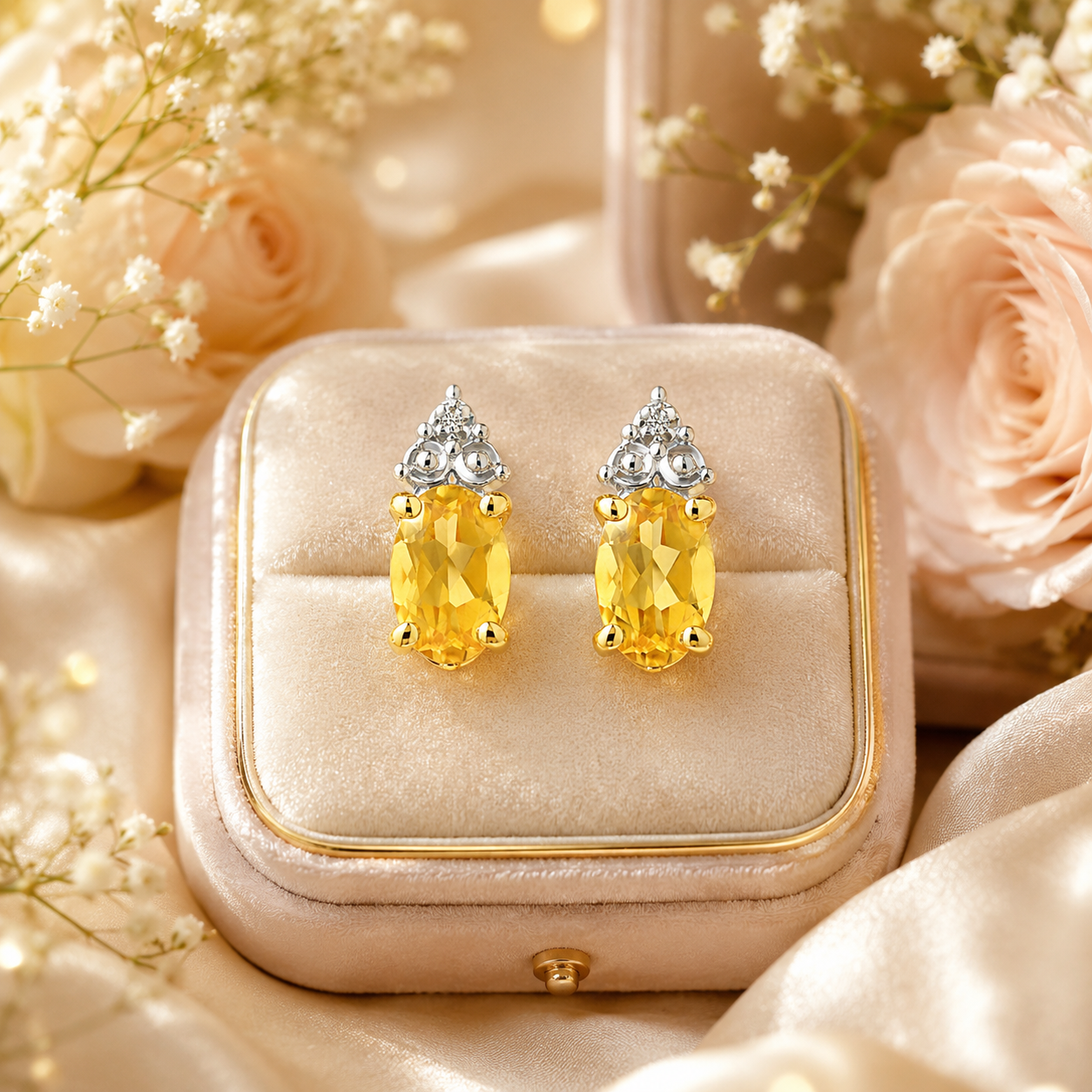 Yellow Gold Natural Citrine & Diamond Accent Oval Stud Earrings