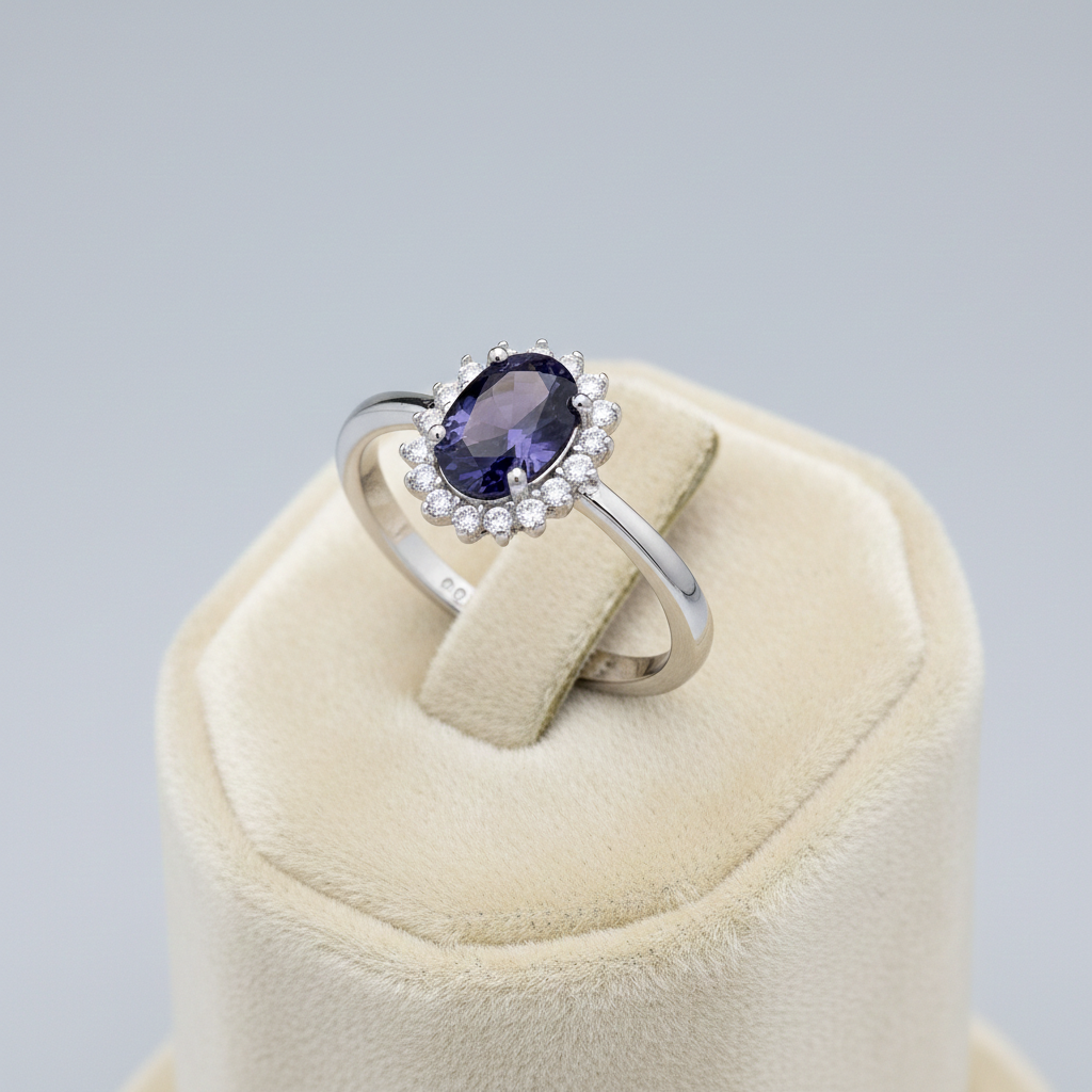 Sterling Silver Sapphire Ring Oval Cluster Engagement 925 Hallmark Size K-S