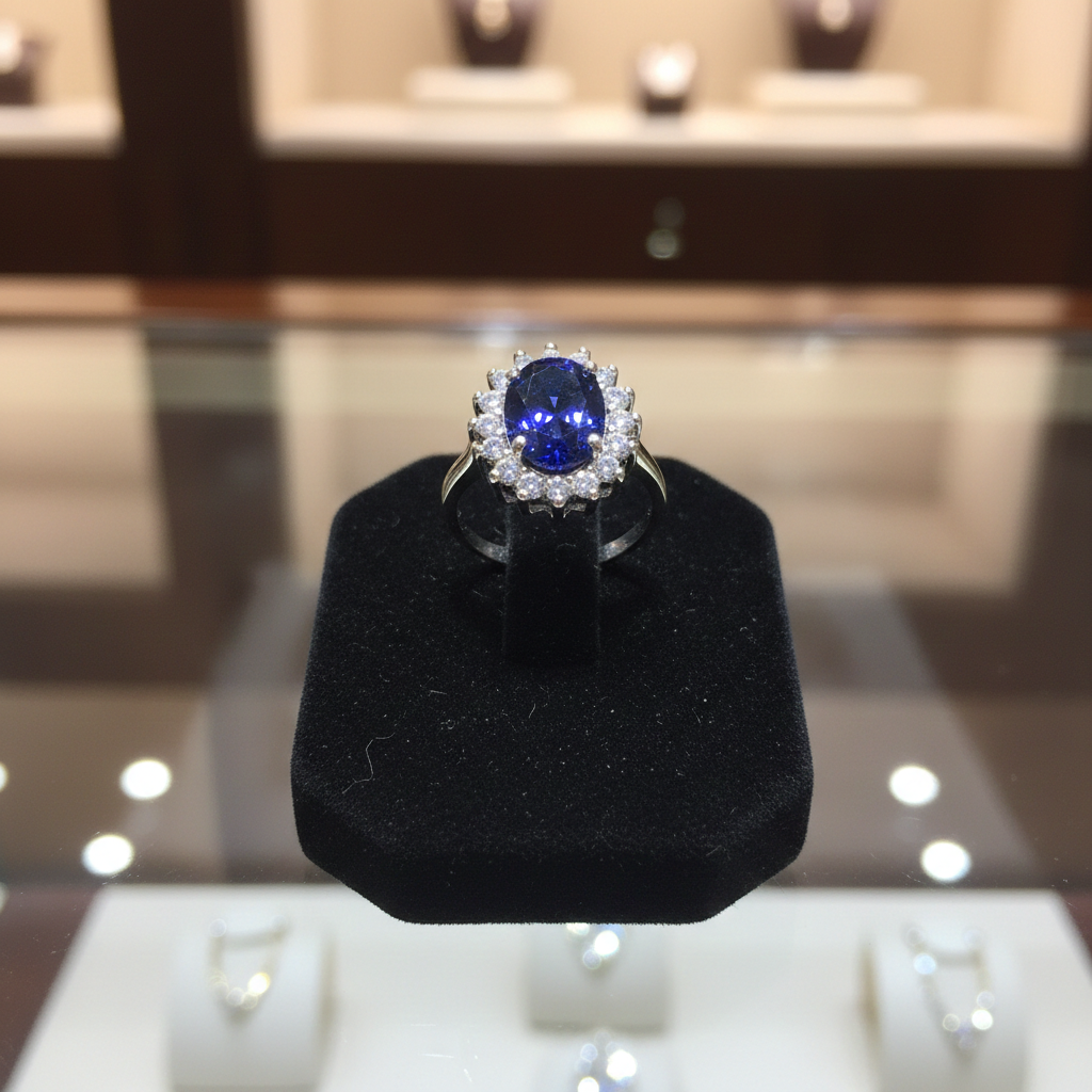 Sterling Silver Sapphire Ring Large Cluster Engagement 925 Hallmark Size K-S