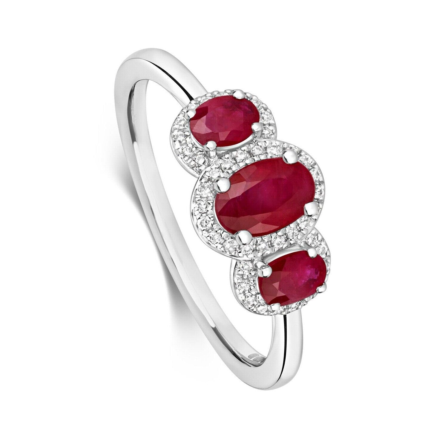 Real Ruby and Diamond Ring 9ct White Gold Oval Three Stone Trilogy Size J - Q