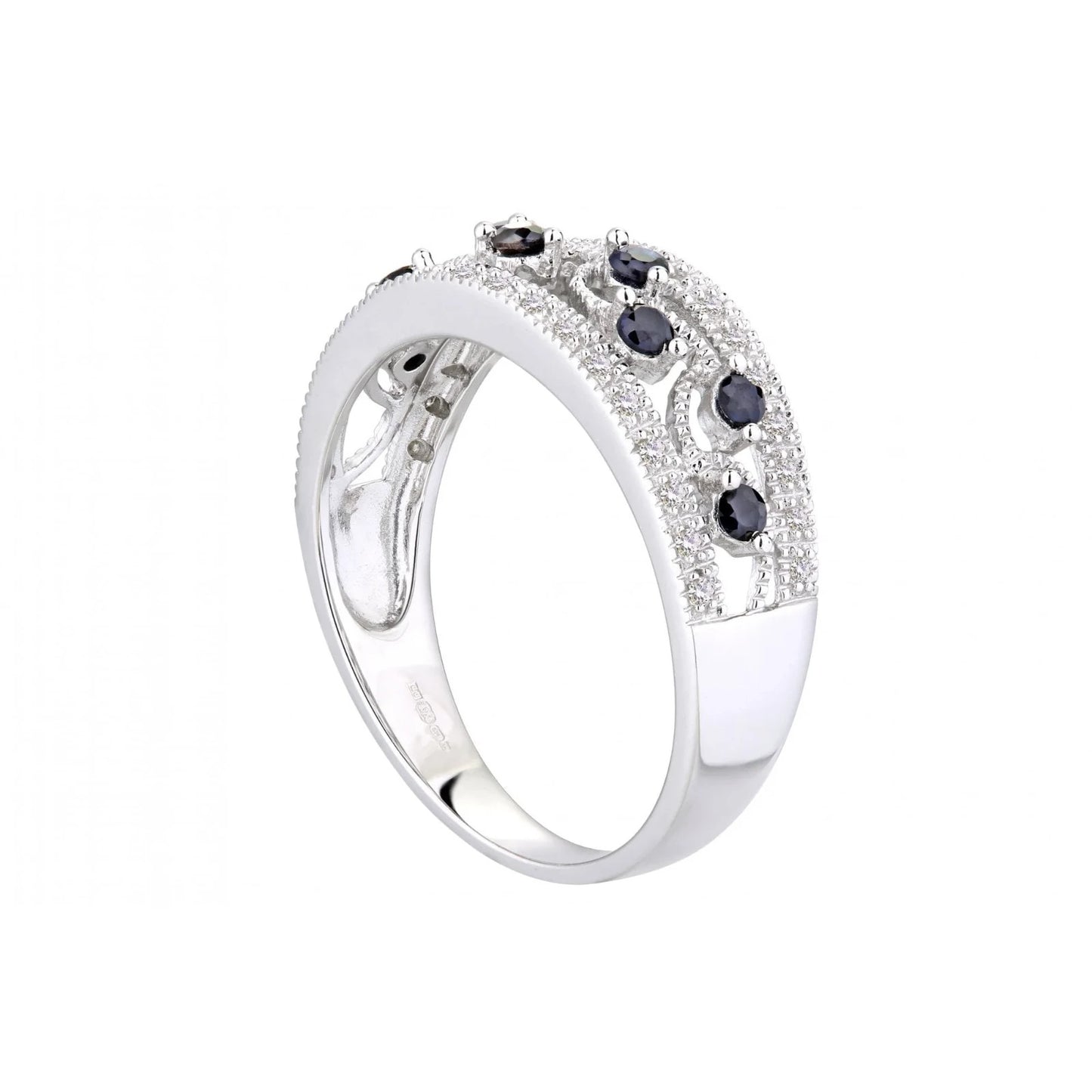 Blue Sapphire & Diamond Filigree Band Ring for Women Solid White Gold Hallmarked