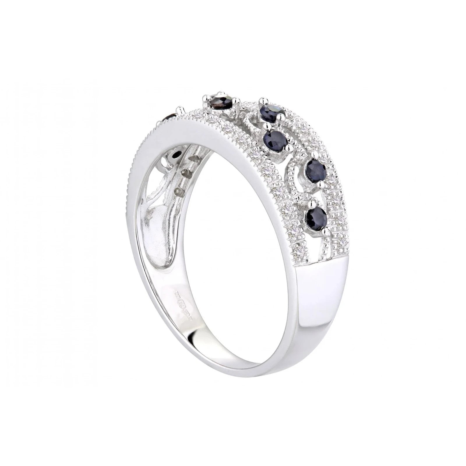 Blue Sapphire & Diamond Filigree Band Ring for Women Solid White Gold Hallmarked