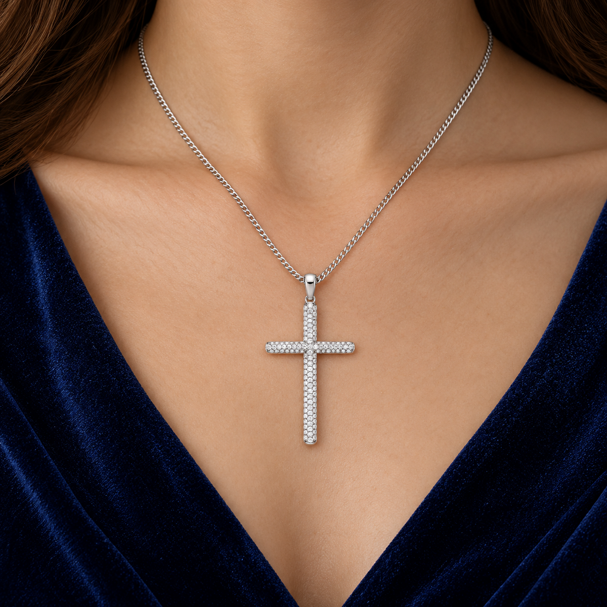 Pave Diamond Cross Pendant Necklace 18ct White Gold 18" 0.45ctw Real Diamonds