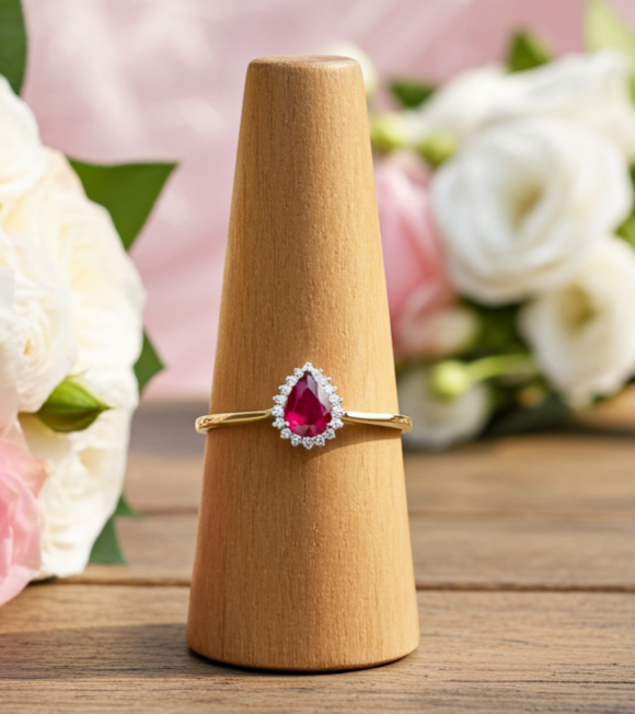 18ct Gold Ruby Pear Ring on Solid Sterling Silver 925 Hallmark Sizes K-S