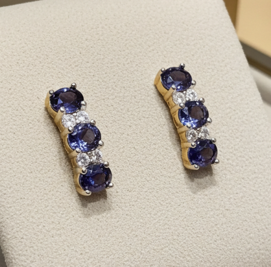 18ct Gold Tanzanite Drop Stud Earrings on Solid Sterling Silver 925 Hallmark
