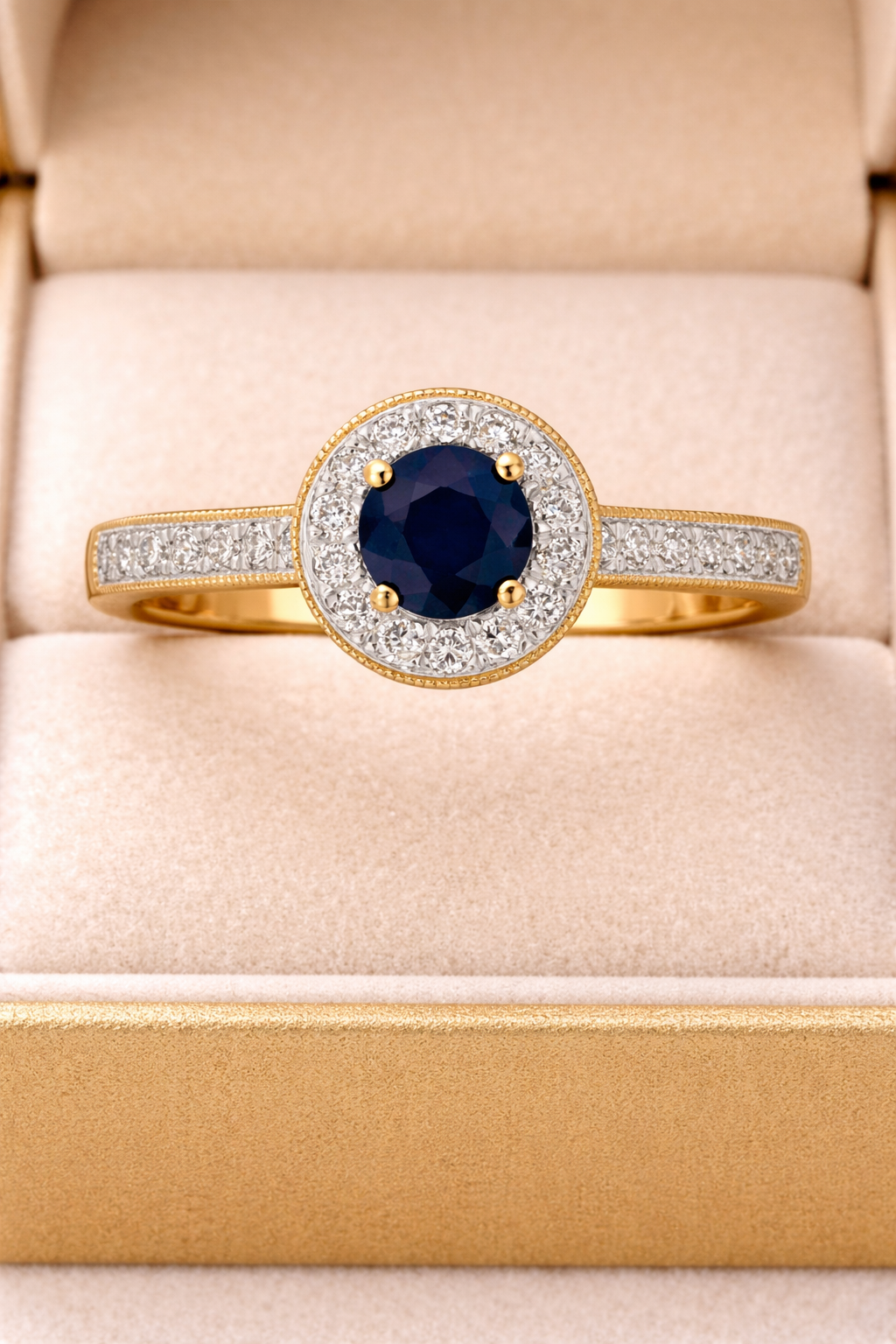 Real Sapphire and Diamond Ring 9ct Yellow Gold Round Cluster Halo Engagement
