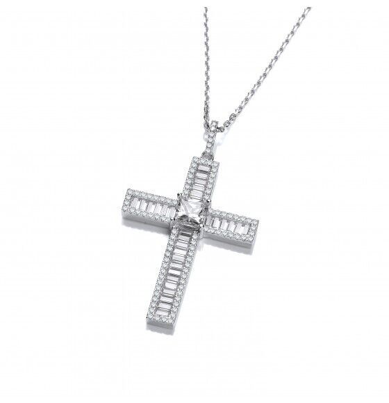 Baguette Cross With Chain Solid Sterling Silver Luxurious Packaging