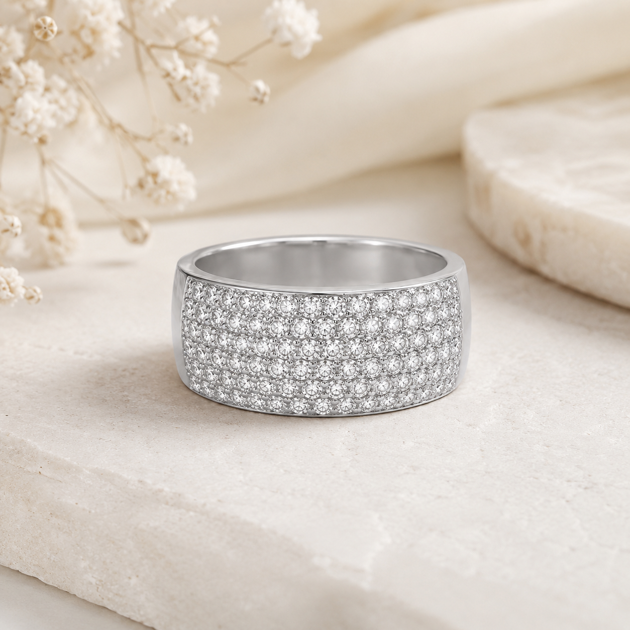 Elegant Multi-Row Pavé Gemstone Ring in Solid Sterling Silver  11mm Wide