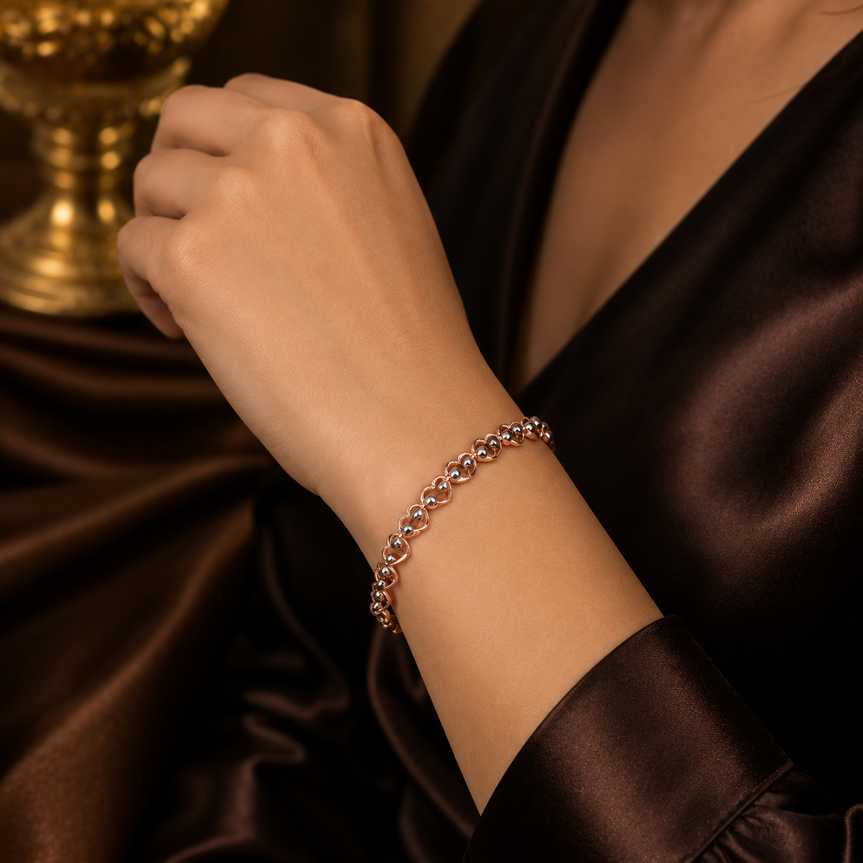Rose Gold Double Heart Link Bracelet with White Gold Detail 375 Hallmark 18.5cm