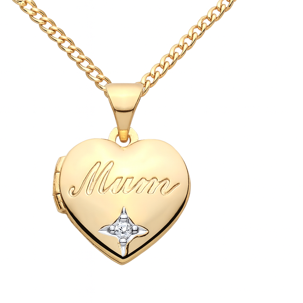 MUM Heart Locket Natural Diamond 18ct Gold on Solid Sterling Silver 18" Chain