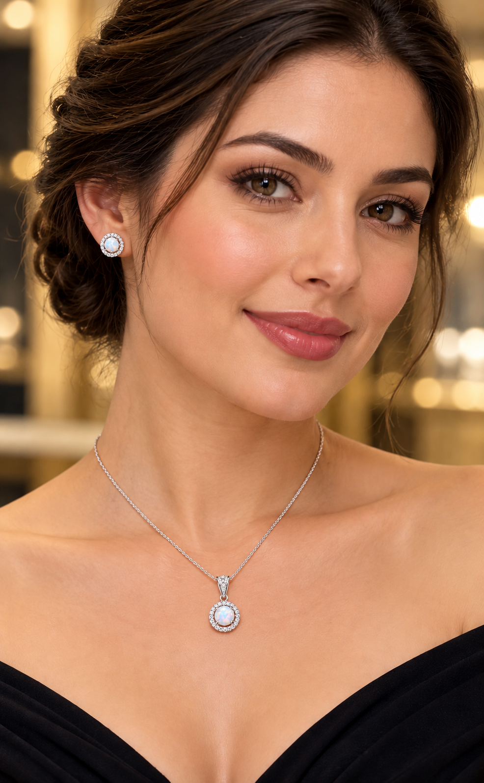Opal Halo Matching Pendant and Earrings Set Solid Sterling Silver 925