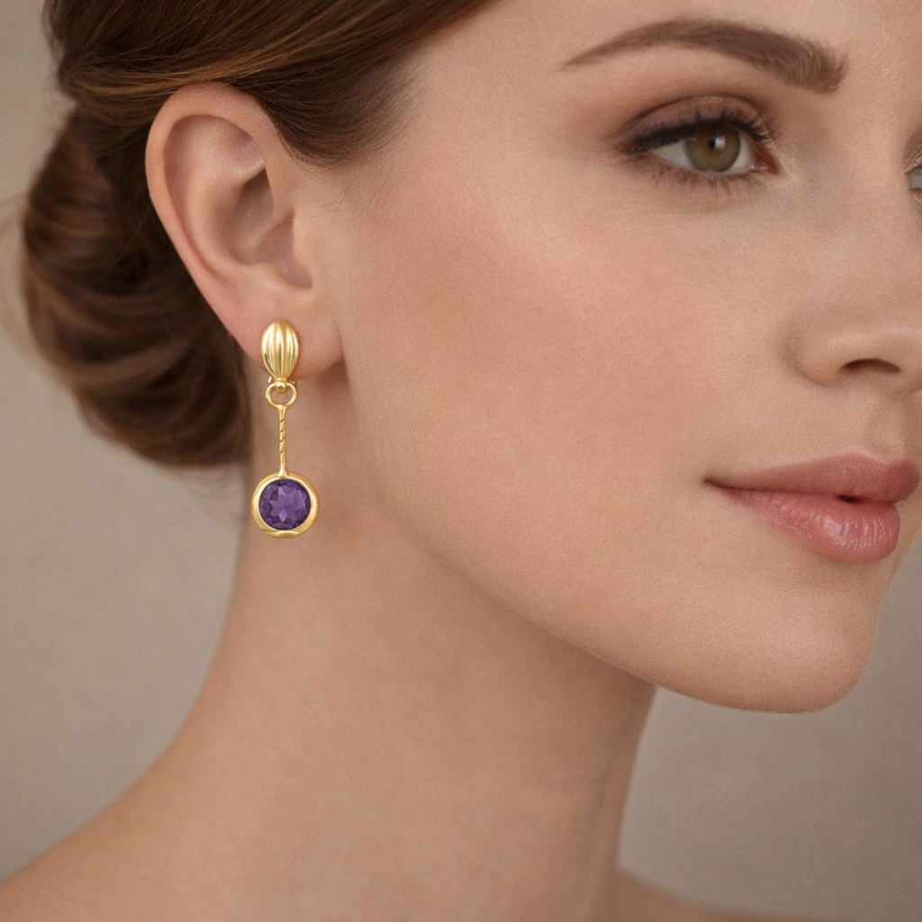 Natural Amethyst  Stick Drop Earrings Solid 9ct Yellow Gold Hallmarked