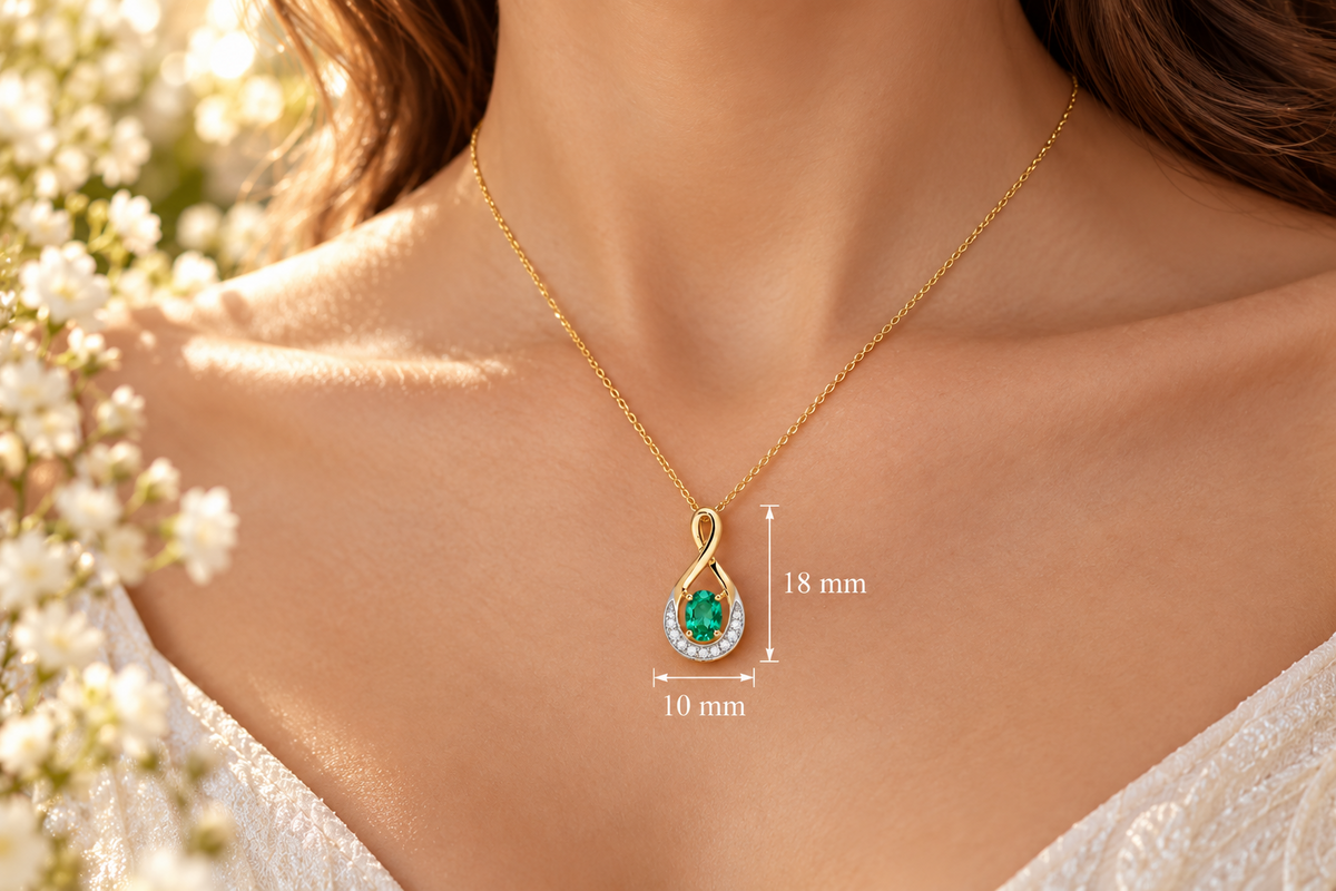 Emerald and Diamond Pendant 9ct Yellow Gold Infinity Twist Necklace 16 - 18"