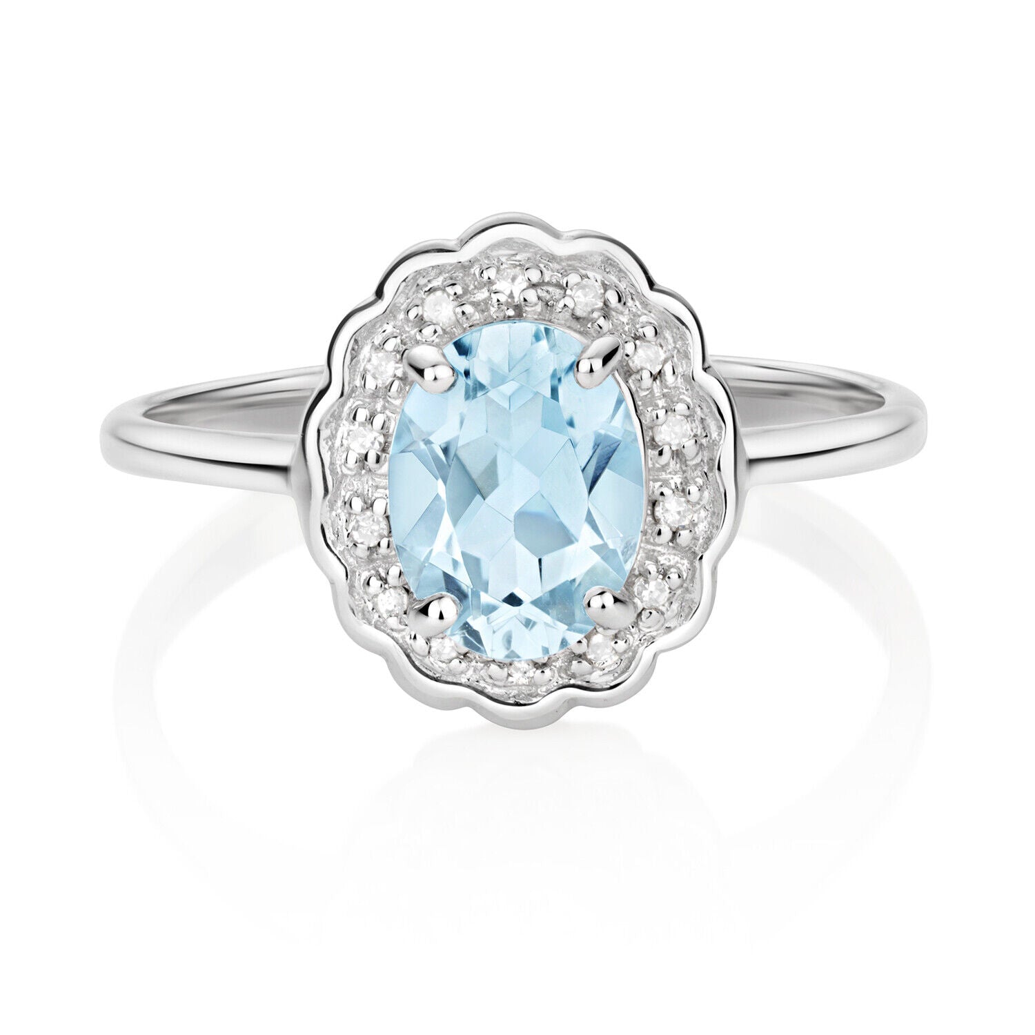 Real Aquamarine and Diamond Ring Solid White Gold Cluster Engagement Size J - Q