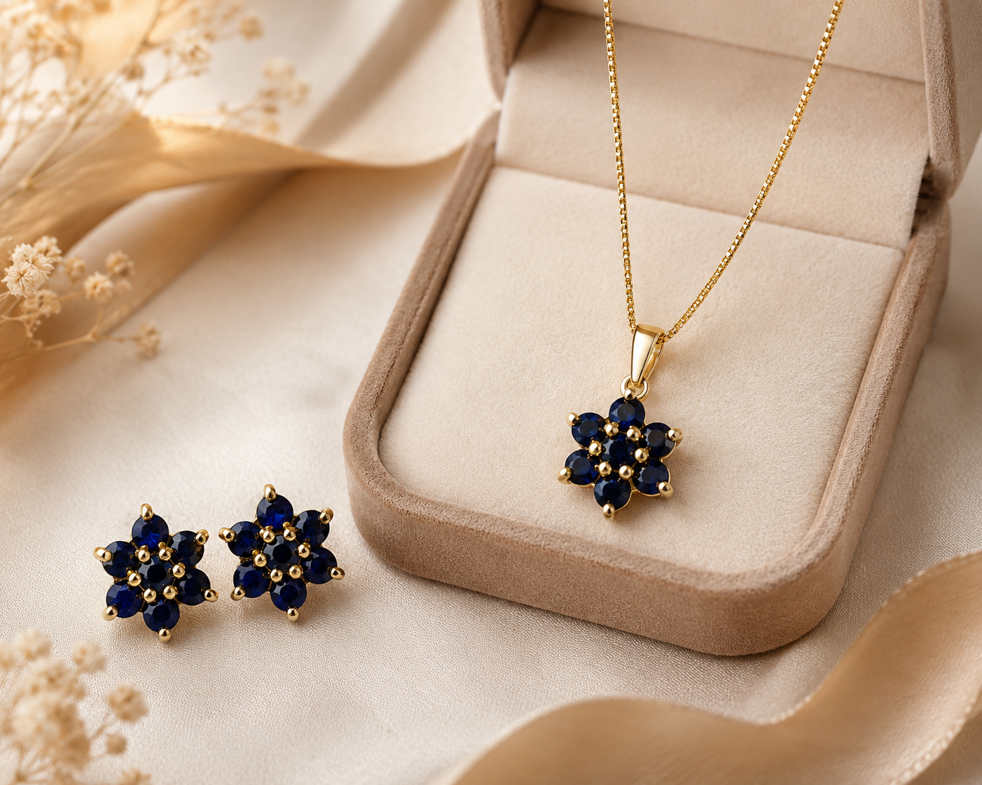 Natural Sapphire Jewellery Set Yellow Gold Pendant Necklace & Stud Earrings