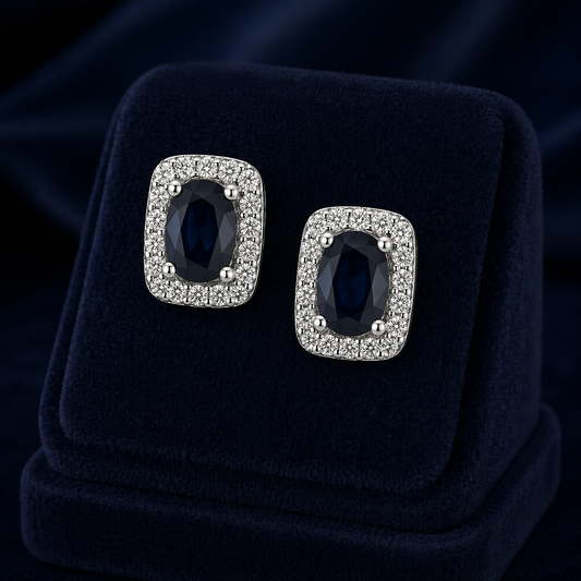 Natural Sapphire and Diamond Stud Earrings 9ct White Gold Rectangular Cushion