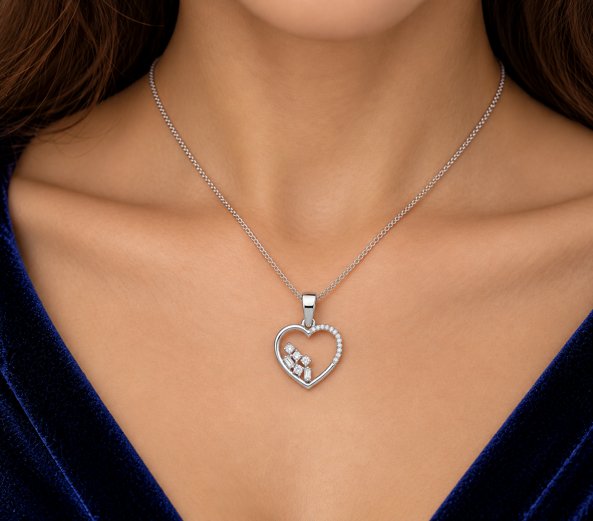 Real Diamond Heart Pendant 9ct White Gold 18" Chain Baguette Princess Round