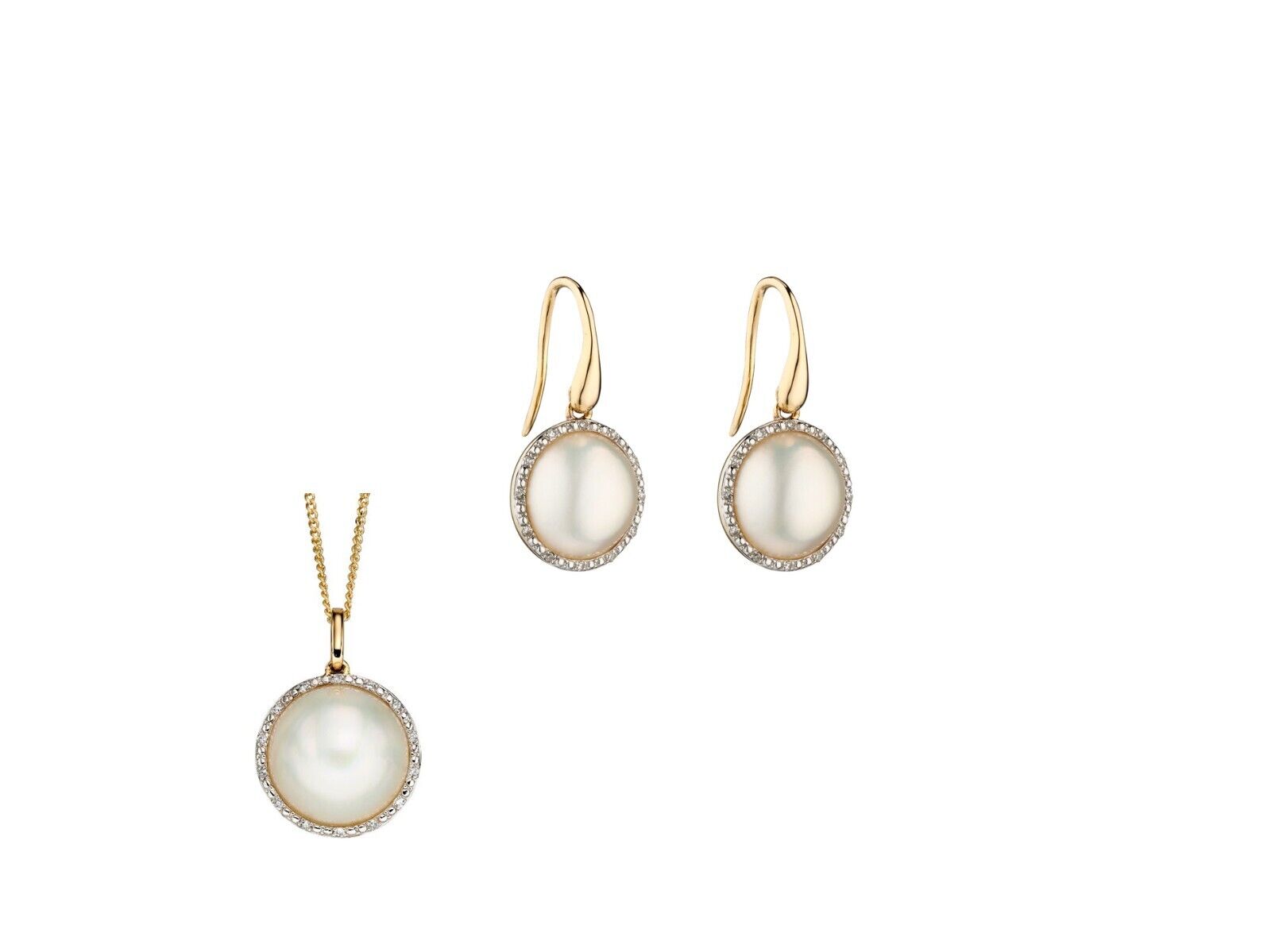 Mabe Pearl and Diamond Pendant and Earrings Set Yellow Gold 16 18 or 20" Chain