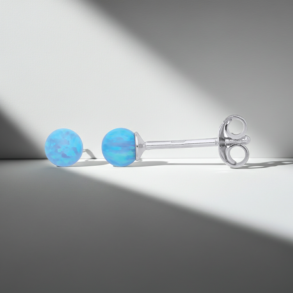 Blue Opal Earrings Solid Sterling Silver 4.1mm 925 Hallmark