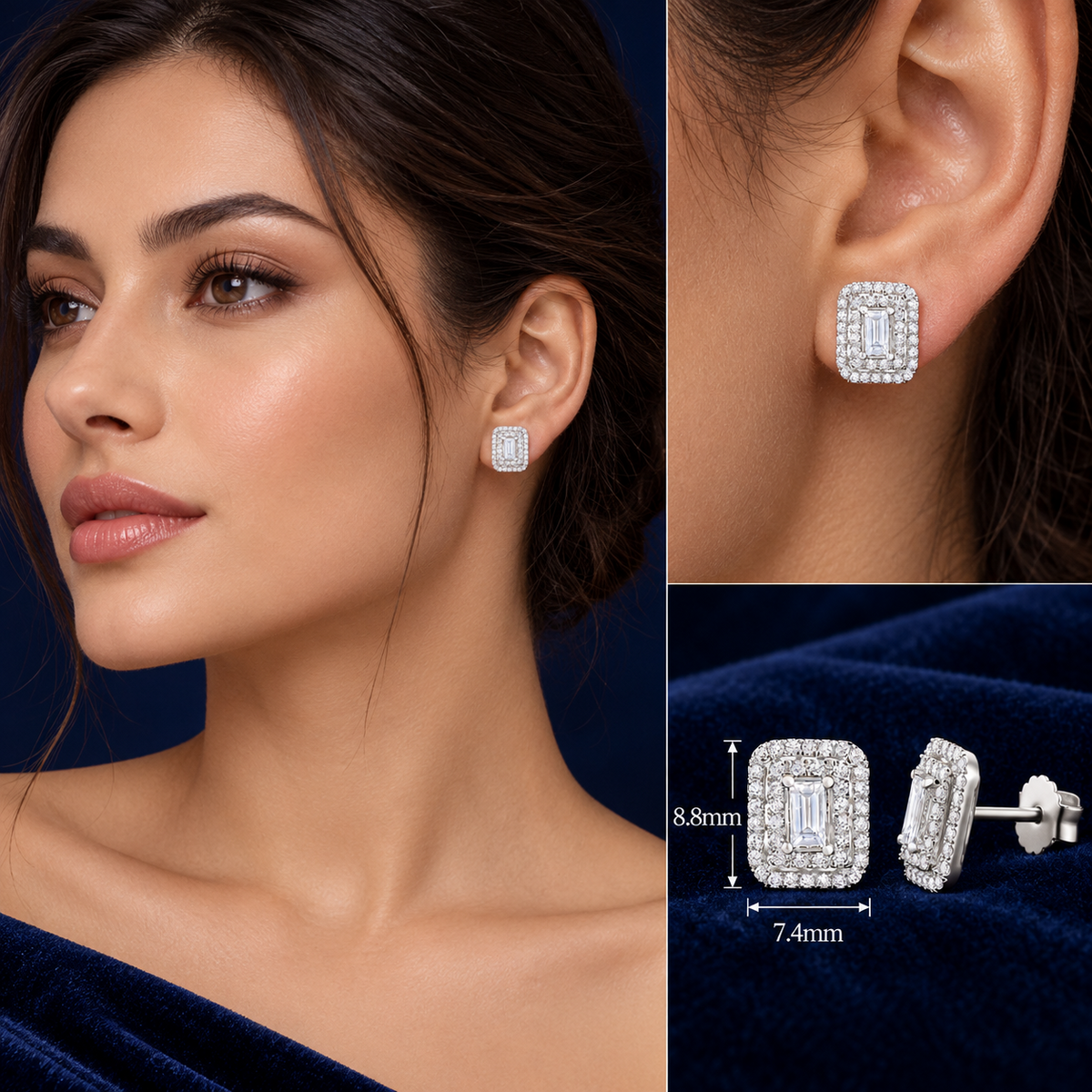 Emerald Cut Diamond Earrings Rectangular Studs 18ct White Gold 0.75ctw Diamonds