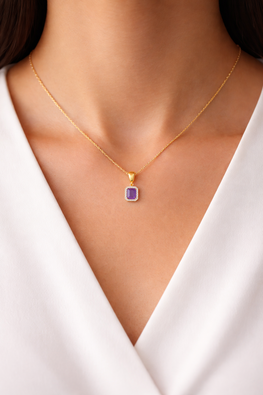 Real Amethyst Pendant With Diamond Halo Solid Yellow Gold 18" 46cm Length Chain