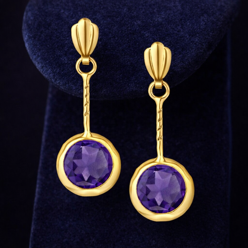 Natural Amethyst  Stick Drop Earrings Solid 9ct Yellow Gold Hallmarked