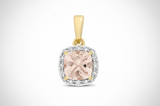 Morganite and Diamond Pendant 9ct Yellow Gold Square Cushion Necklace