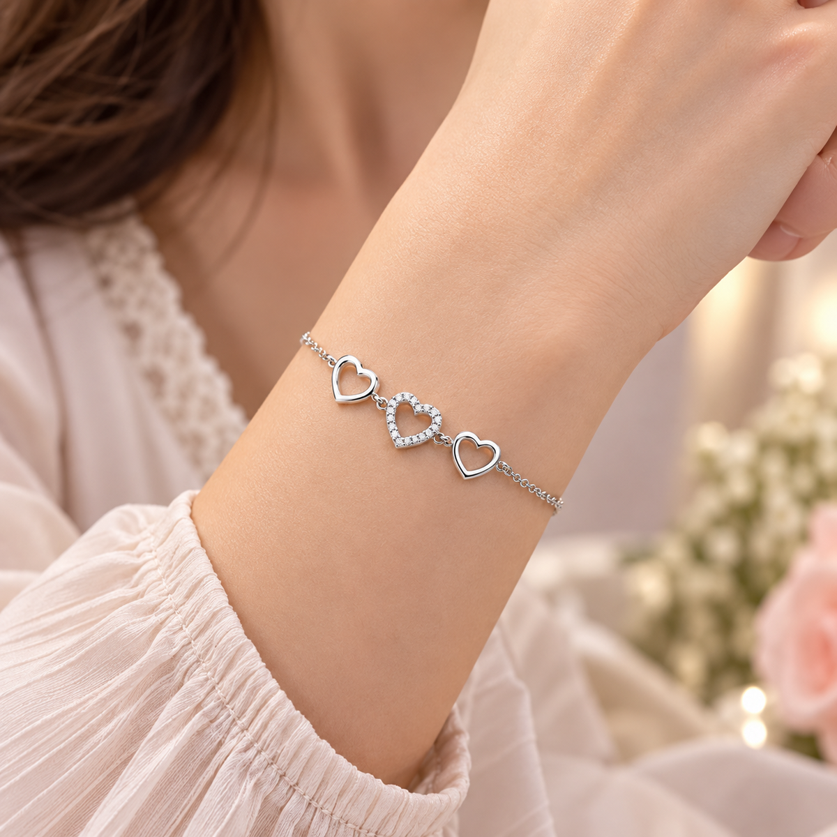 925 Sterling Silver Triple Heart Charm Bracelet Adjustable