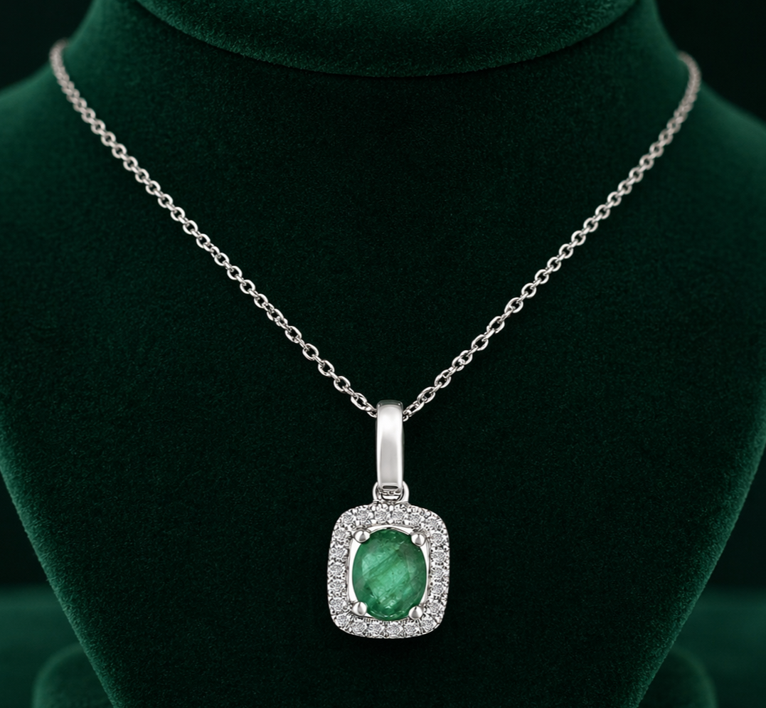 Emerald Oval Cluster Pendant With Diamonds 9ct White Gold 18" 46cm Length Chain