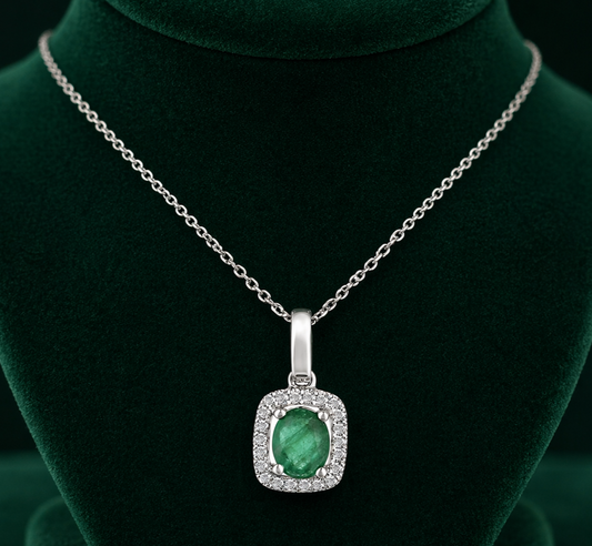 Emerald Oval Cluster Pendant With Diamonds 9ct White Gold 18" 46cm Length Chain