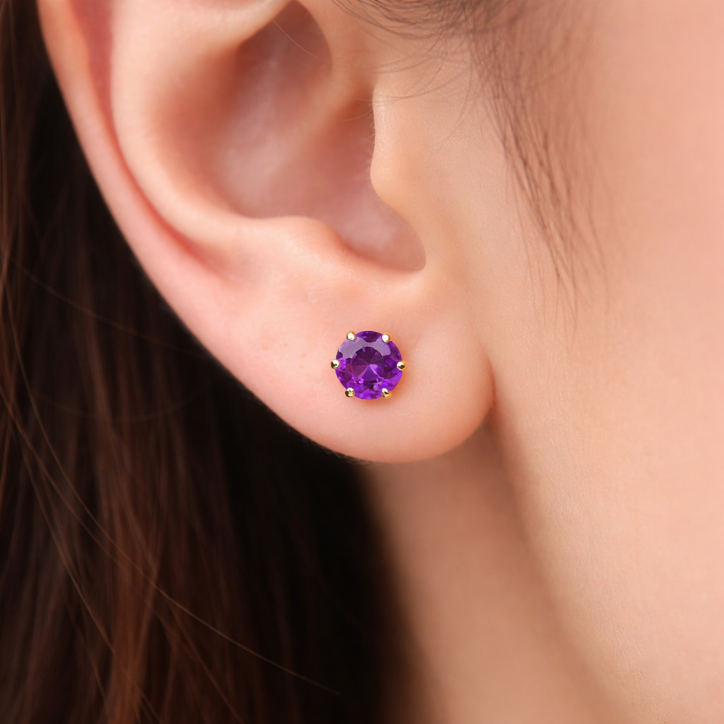 Natural Amethyst Solitaire Stud Earrings 9ct Yellow Gold Hallmarked