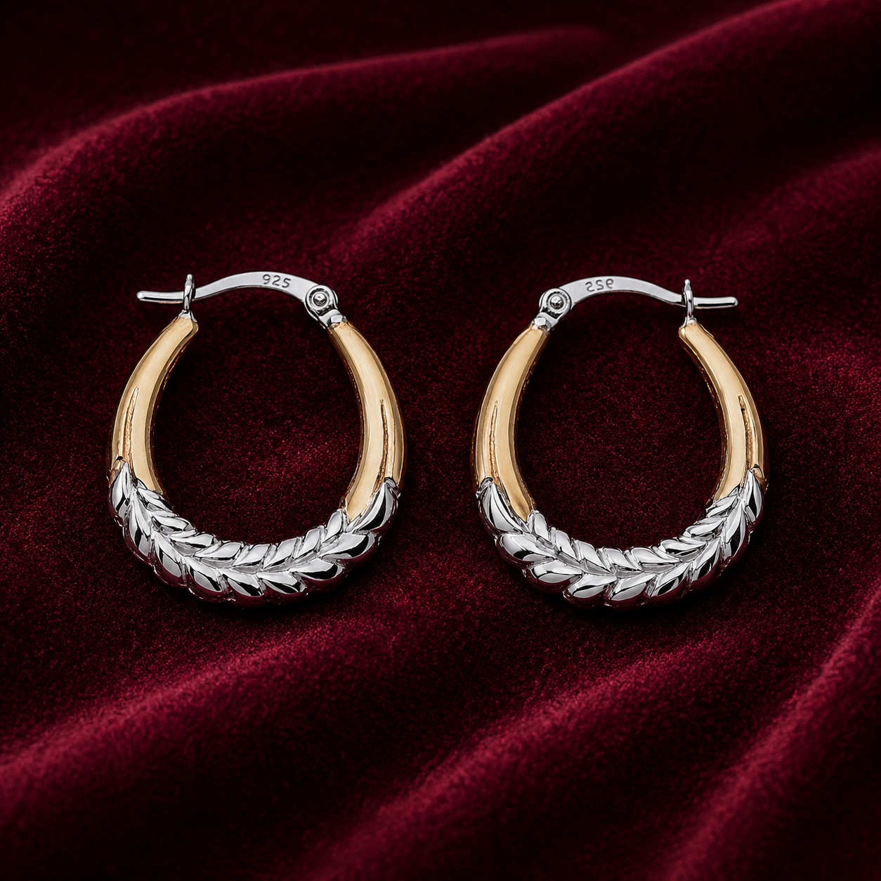 Two Tone Oval Creole Hoop Earrings Leaf Design 18ct Gold on Sterling Silver 925