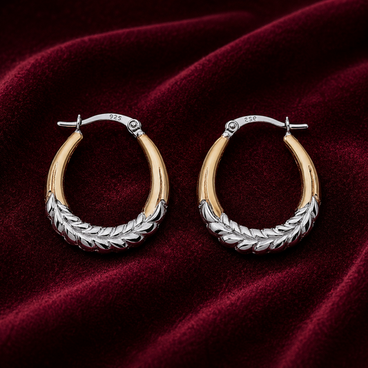 Two Tone Oval Creole Hoop Earrings Leaf Design 18ct Gold on Sterling Silver 925