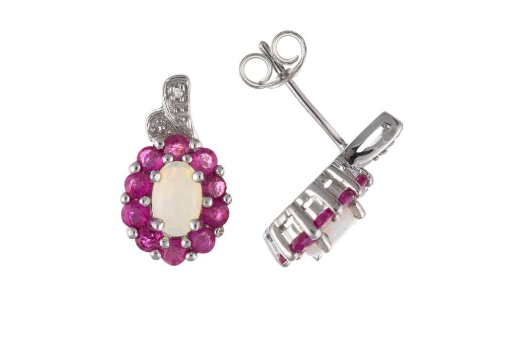 Real Ruby Opal and Diamond Pendant and Earrings Matching Set Solid Silver