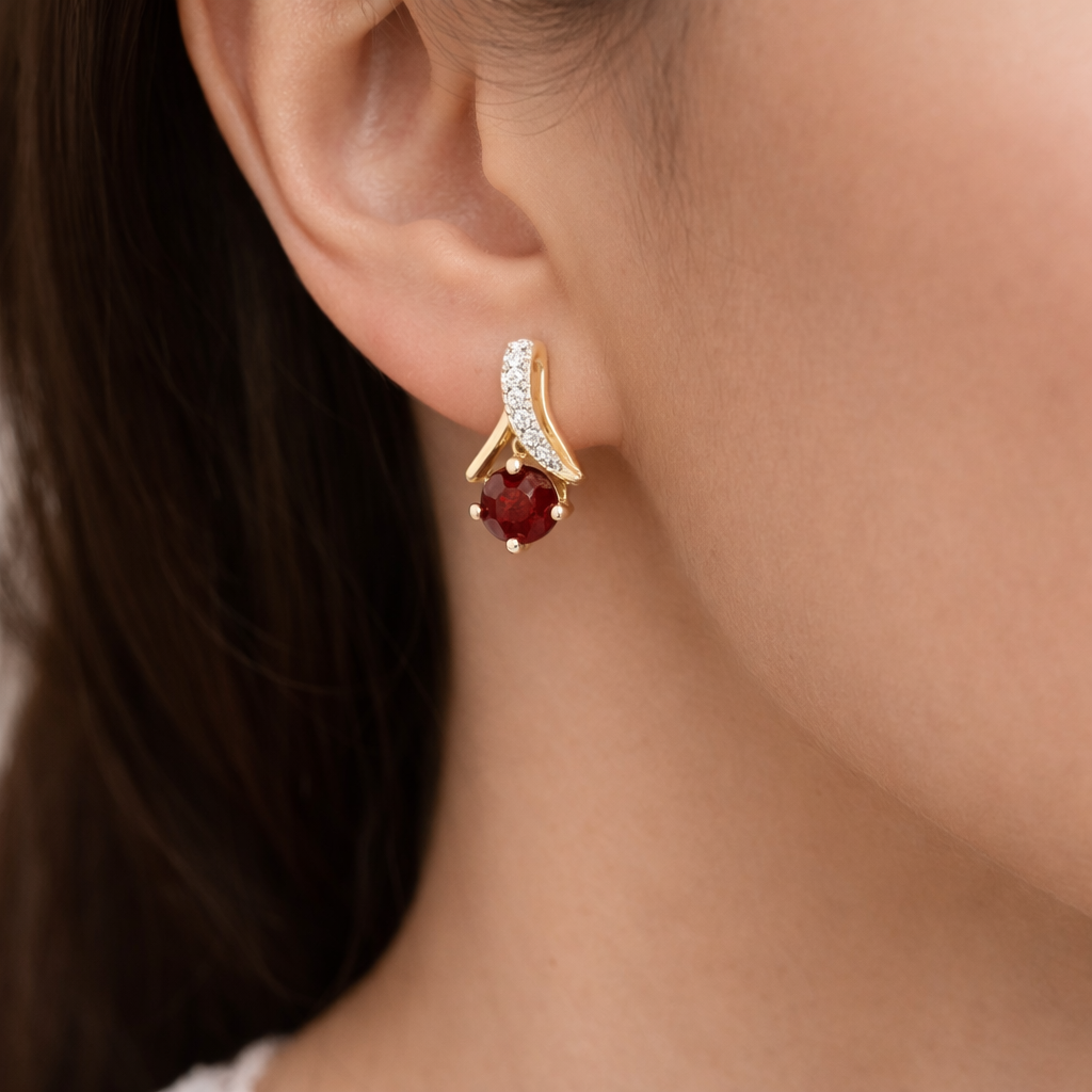 Natural Garnet and Diamond Earrings Solid 9ct Yellow Gold Drops Hallmarked