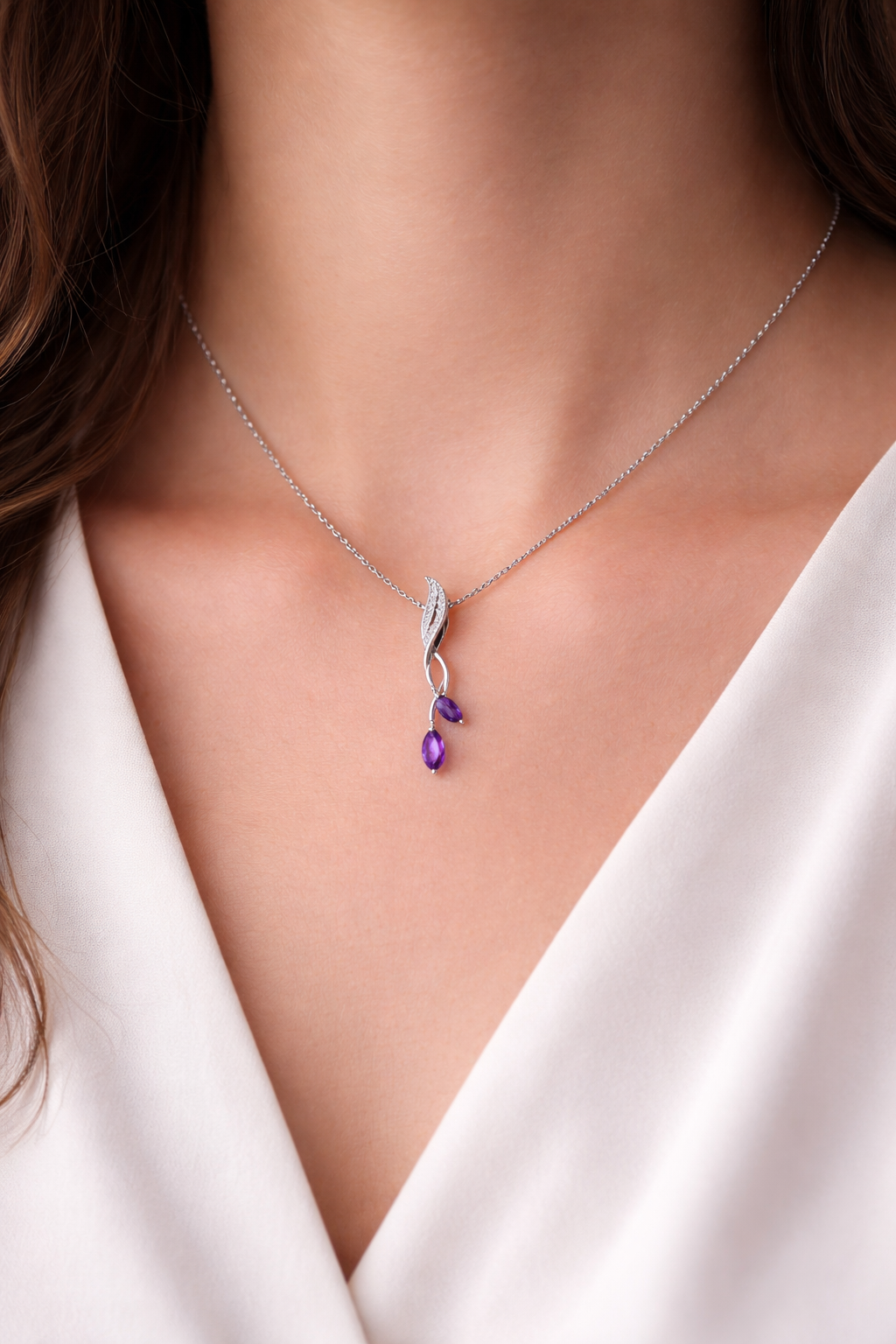 9ct White Gold Amethyst Necklace With Diamonds 18" 46cm Length Chain