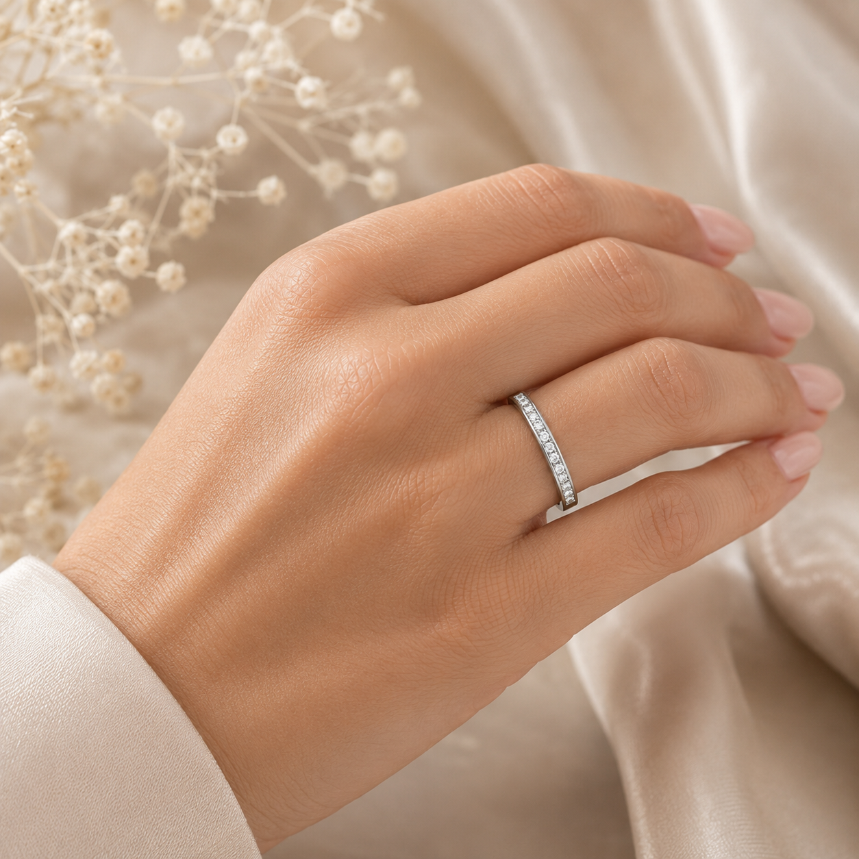Half Eternity Ring Pavé Wedding Band in Solid Sterling Silver