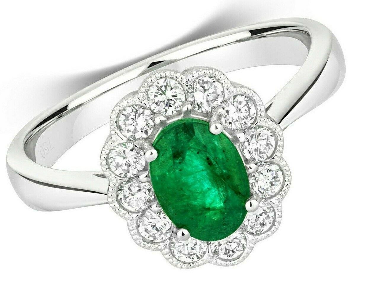 Real Emerald and Diamond Ring 18ct White Gold Oval Flower Cluster