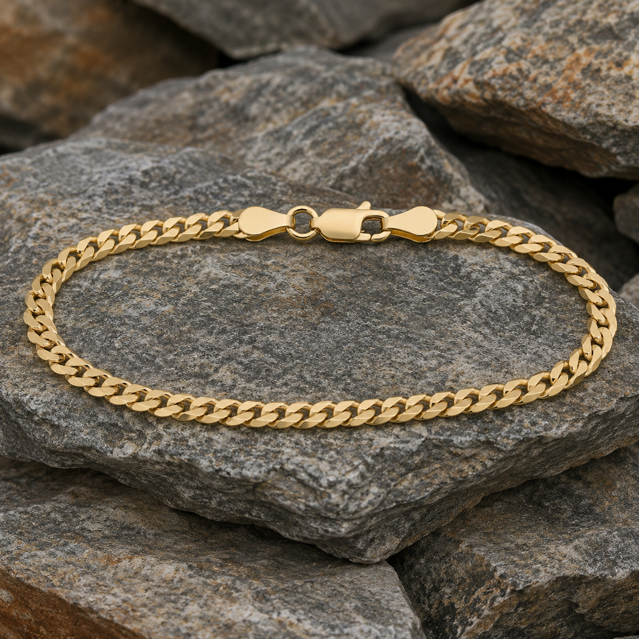 18ct Gold Mens Very Flat Curb Bracelet on Solid Silver 4mm Wide 8"
