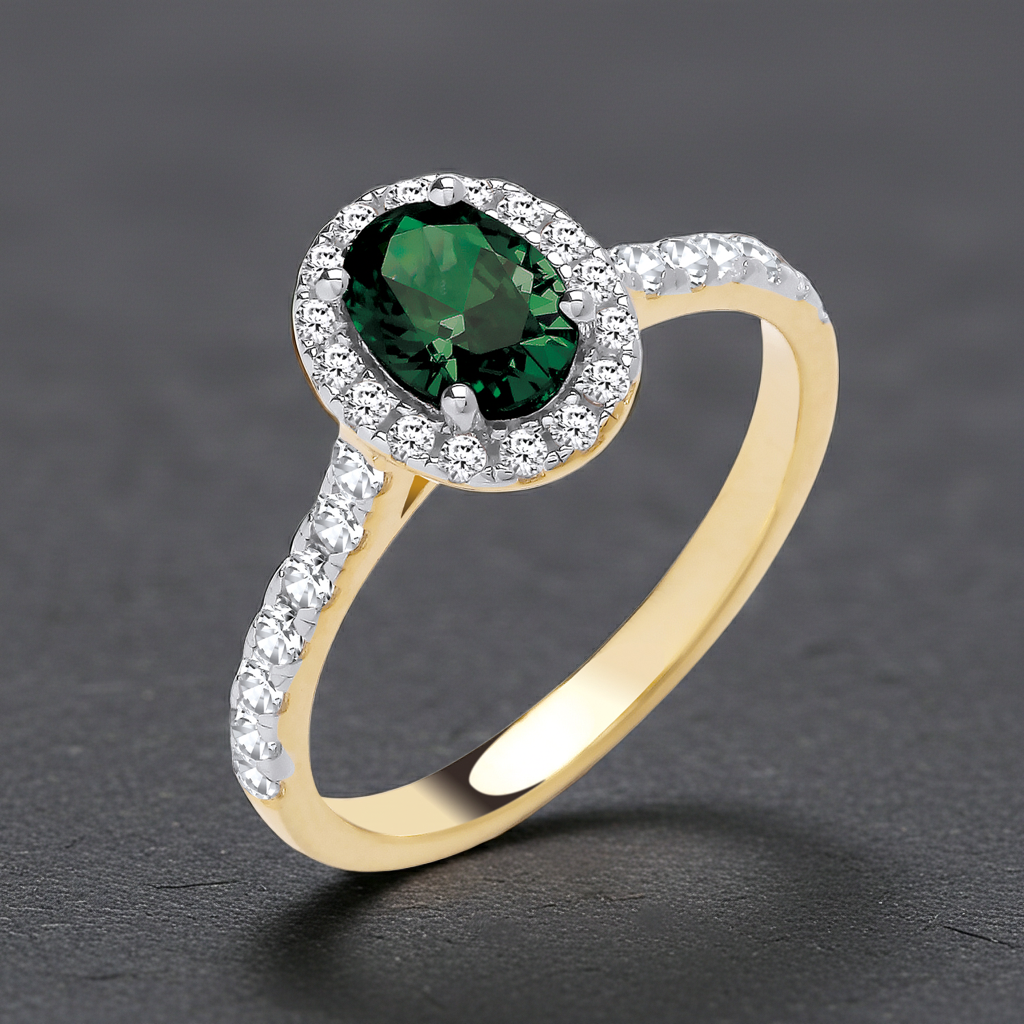 18ct Yellow Gold Emerald Ring Halo on Sterling Silver 925 Hallmark Size K-S