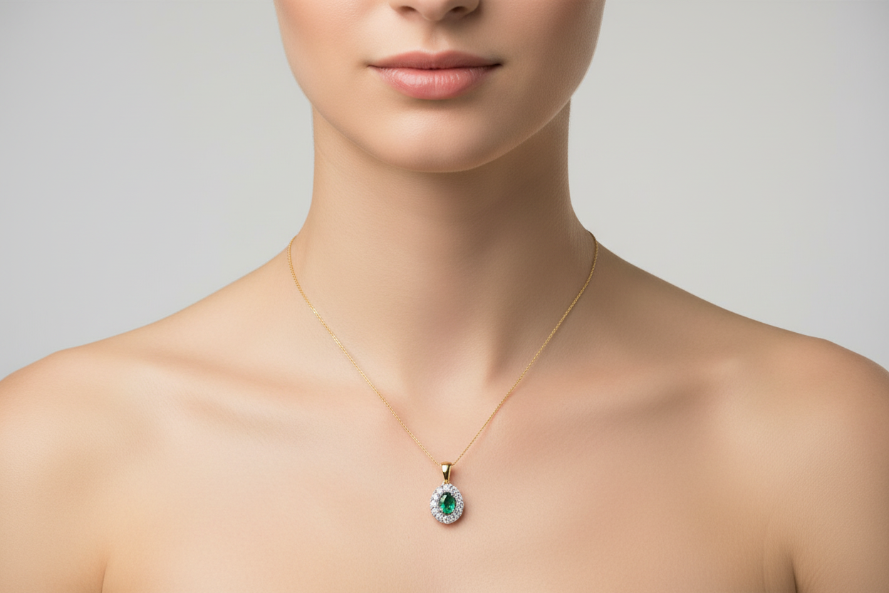 9ct Yellow Gold 0.40ct Emerald Cluster 0.05ct Diamond Pendant