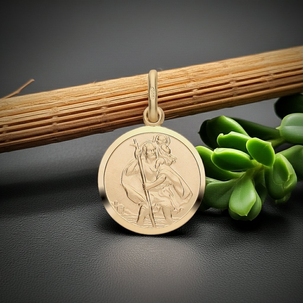18ct Gold St Christopher Pendant on Solid Sterling Silver 925 Hallmark 14mm