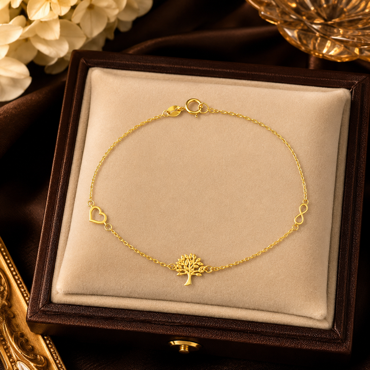 Tree of Life Gold Bracelet with Heart & Infinity 9ct Gold 375 Hallmark 19cm