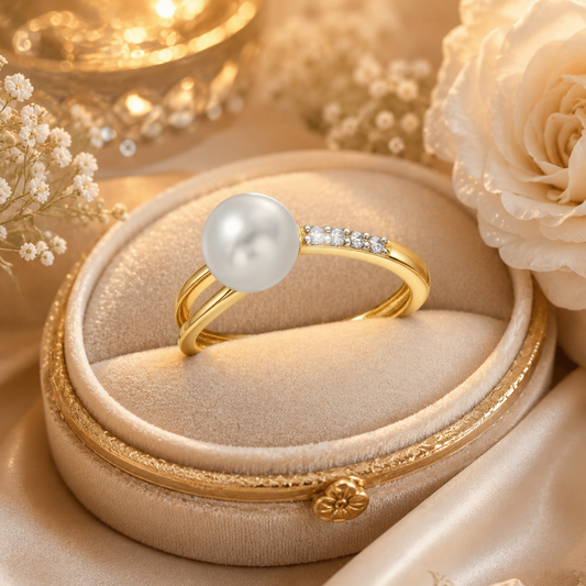 Women's Yellow Gold Freshwater Pearl Ring with Sparkling Diamond Accents
